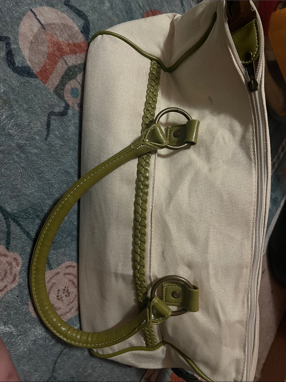 Vintage Cream Tote with Olive Green Trim
